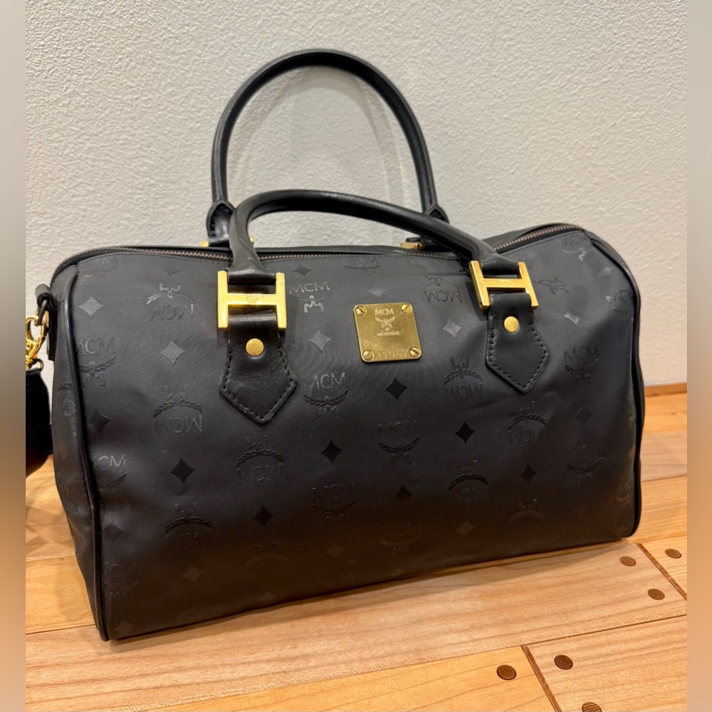MCM Boston Bag, Black All Over Pattern w/Crossbody Strap EUC